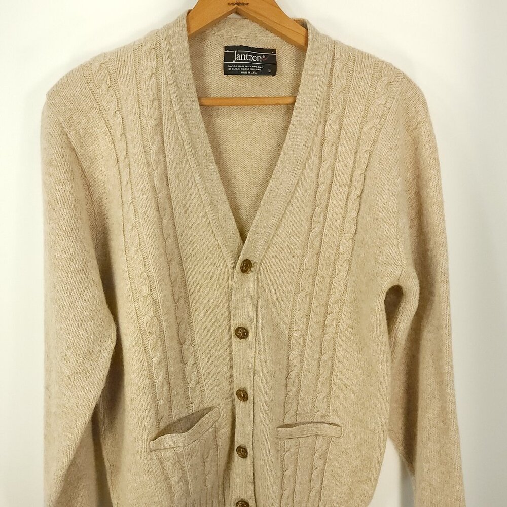 Vtg Jantzen Cardigan Sweater Men's Large Cream Tan Grandpa Grunge Geek USA